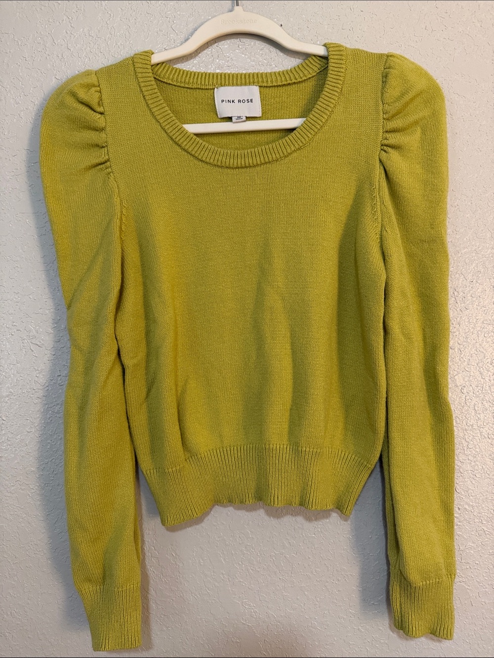 Pink Rose Lime Green Puff Sleeve Crewneck Sweater